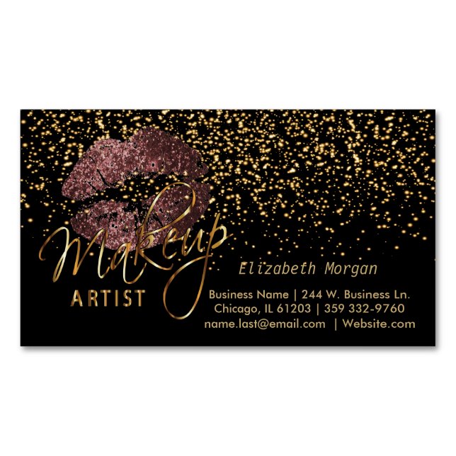 Makeup Artist mit Gold Confetti & Dark Rose Liften Magnetische Visitenkarte (Vorderseite)
