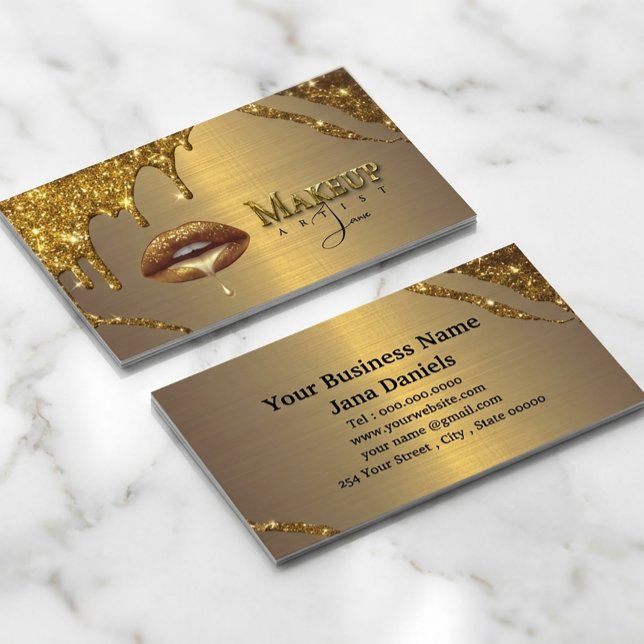 Makeup Artist mit Gold-Drilling-Lippen Visitenkarte (#makeupartistcard#goldbusinesscard#glitterdesign#luxurybusinesscard#makeupbrand#beautybranding
)