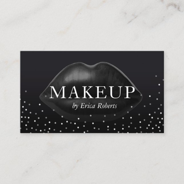 Makeup Artist Modern Black Lips Silver Confetti Visitenkarte (Vorderseite)