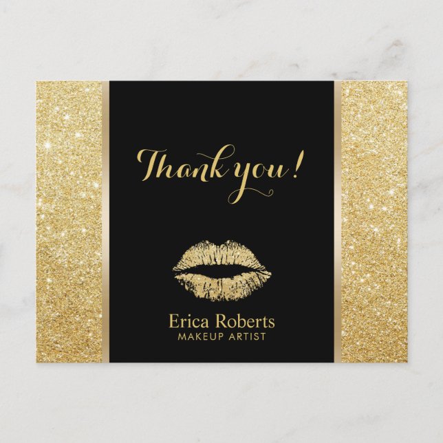 Makeup Artist Modern Gold Glitzer Lips Vielen Dank Postkarte (Vorderseite)