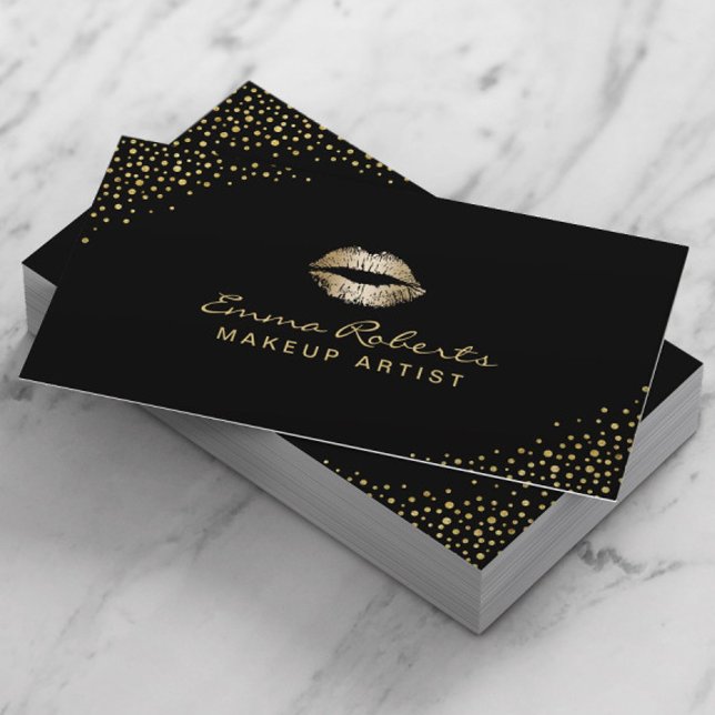 Makeup Artist Modern Gold Lips Chic Confetti Dots Visitenkarte (Von Creator hochgeladen)