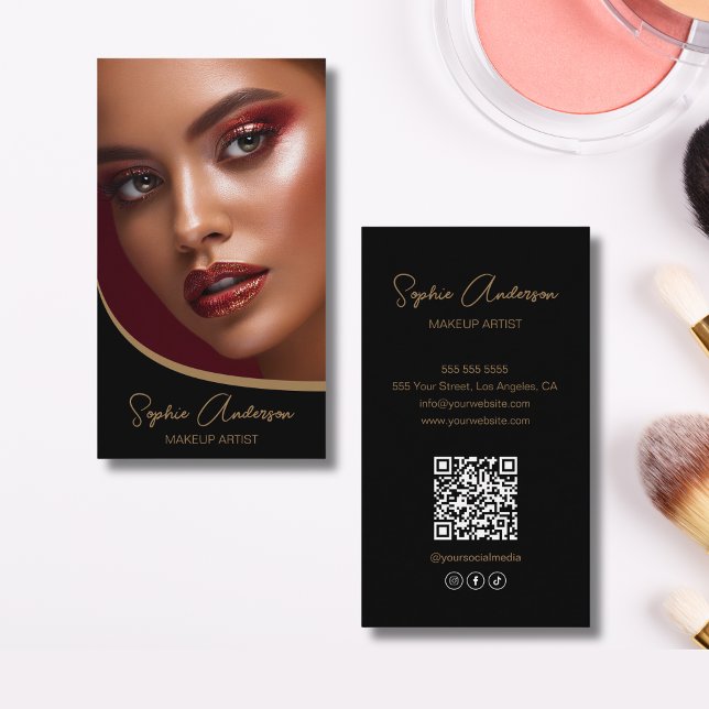 Makeup Artist Modernes Skript Schwarz und Gold Visitenkarte (Makeup Artist Modern Script Black and Gold Business Card)