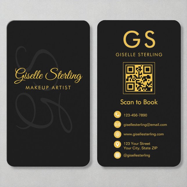 Makeup Artist Monogram Black Gold QR Code Beauty Visitenkarte (Von Creator hochgeladen)