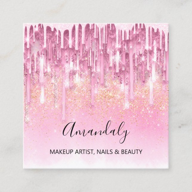 Makeup Artist Nail Logo Rose Glitzer Confetti Pink Quadratische Visitenkarte (Vorderseite)