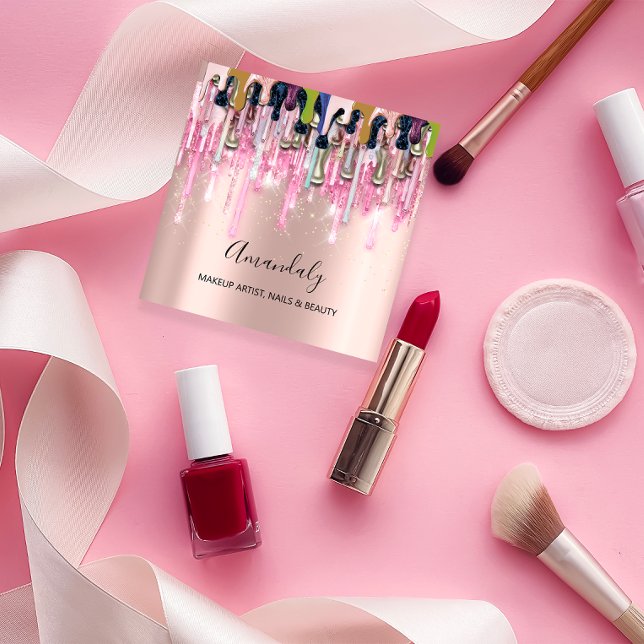 Makeup Artist Nails Logo Rose Glitzer Gold Tropfen Quadratische Visitenkarte (Makeup Artist Nails Logo Rose Glitter Gold Drips Square Business Card)