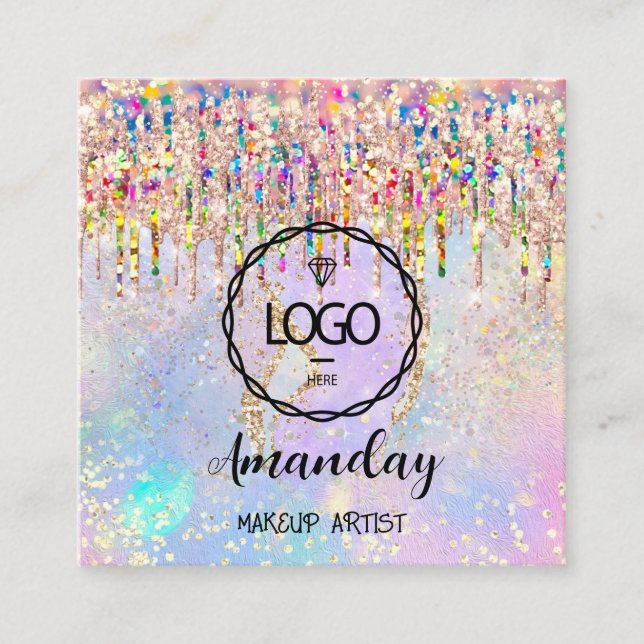 Makeup Artist Nails Unicorn Gold Holograph Logo Qr Quadratische Visitenkarte (Vorderseite)