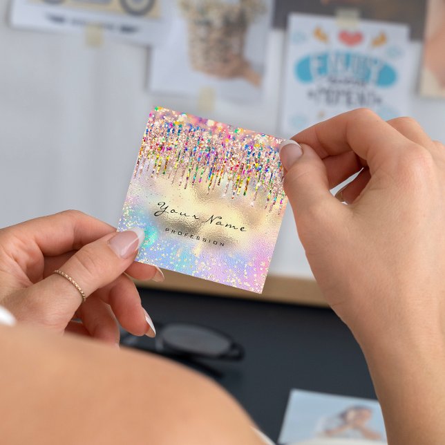 Makeup Artist Nails Unicorn Gold Holograph Rose Quadratische Visitenkarte (Makeup Artist Nails Unicorn Gold Holograph Rose Square Business Card)