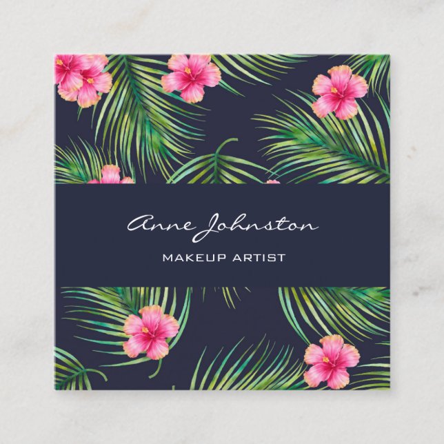 Makeup Artist Navy Green Fern Tropical Pink Blume Quadratische Visitenkarte (Vorderseite)