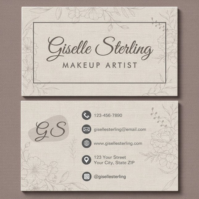 Makeup Artist Neutral Linen Floral Elegant Script Visitenkarte (Von Creator hochgeladen)