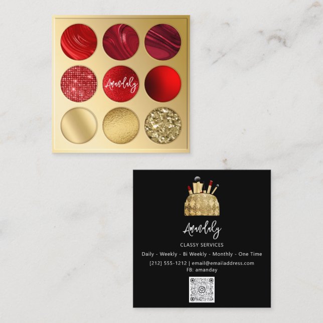 Makeup Artist QRCode Logo Eyeshadow Red Black Quadratische Visitenkarte (Vorne/Hinten)
