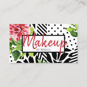 Makeup Artist Red Floral Schwarz-weiß Geometric Visitenkarte
