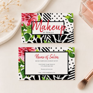 Makeup Artist Red Floral Schwarz-weiß Geometric Visitenkarte