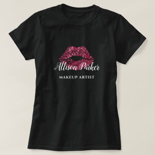 MAKEUP ARTIST Red Glitzer Logo Kiss Name T-Shirt (Design vorne)
