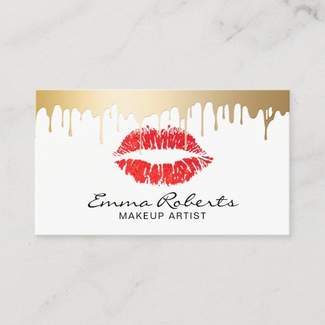 Makeup Artist Red Lips Gold Tropfen Moderner Salon Visitenkarte (Vorderseite)