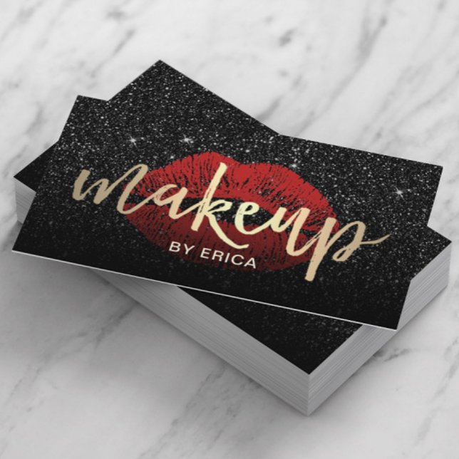 Makeup Artist Red Lips Gold Typograpie Dunkler Gli Visitenkarte (Von Creator hochgeladen)