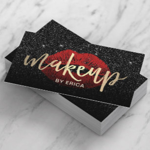Makeup Artist Red Lips Gold Typograpy Dark Glitter Visitenkarte