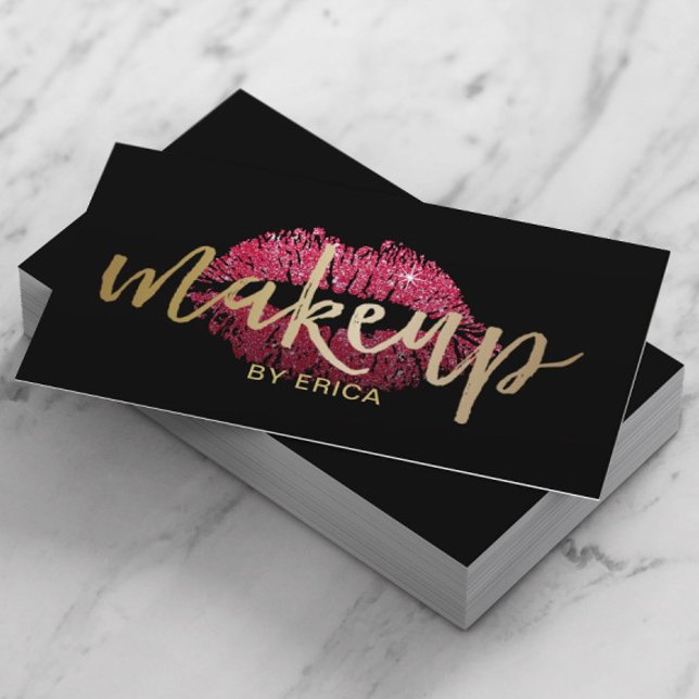 Makeup Artist Red Lips Modern Gold Script Visitenkarte (Von Creator hochgeladen)