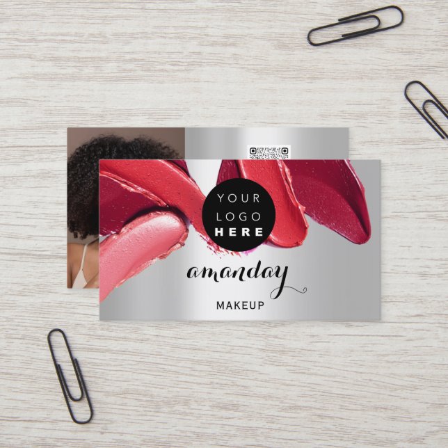 Makeup Artist Red Lipstick Foto QR Code Silver Visitenkarte (Vorderseite/Rückseite Beispiel)