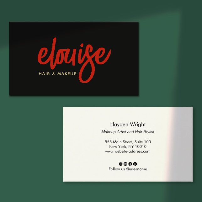 Makeup Artist Red Script auf Black Business Visitenkarte (Von Creator hochgeladen)