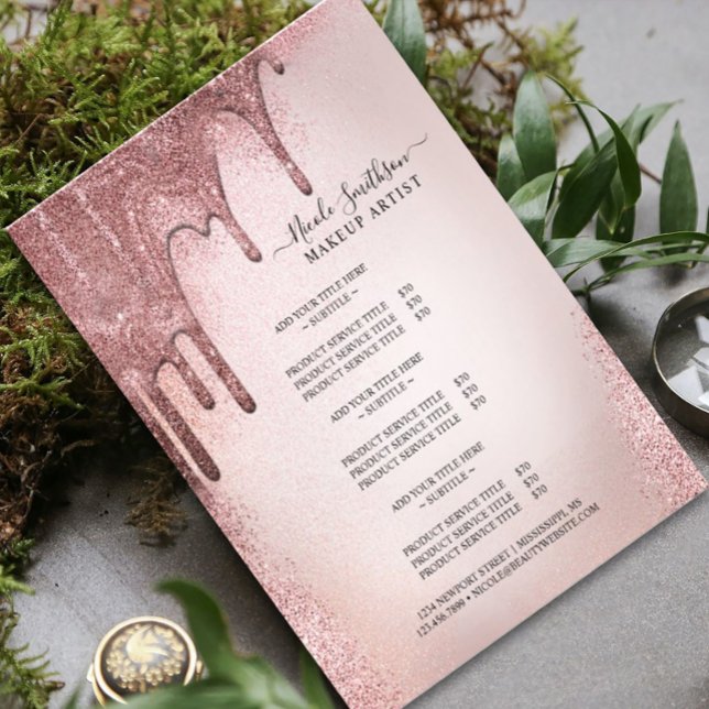 Makeup Artist Rose Gold Glitzer Glam Service List Flyer (Von Creator hochgeladen)