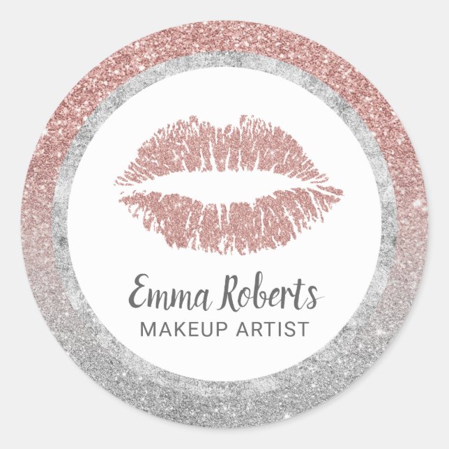 Makeup Artist Rose Gold Silver Glitzer Lippen Druc Runder Aufkleber (Vorderseite)