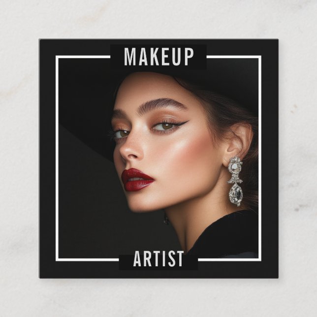 Makeup Artist Salon Elegant Black Luxury Photo  Quadratische Visitenkarte (Vorderseite)