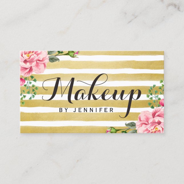 Makeup Artist Script Klasse floral Gold gestreift Visitenkarte (Vorderseite)