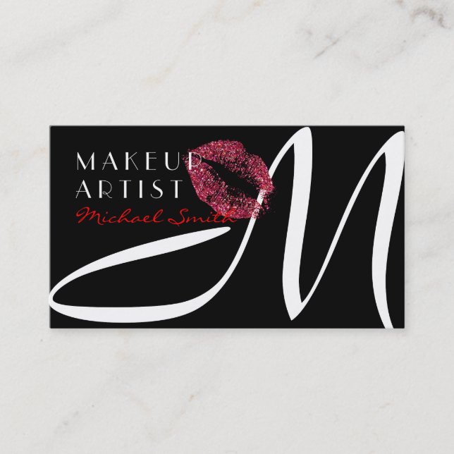 Makeup Artist Stilvolle Rote Lips Monogram Visitenkarte (Vorderseite)