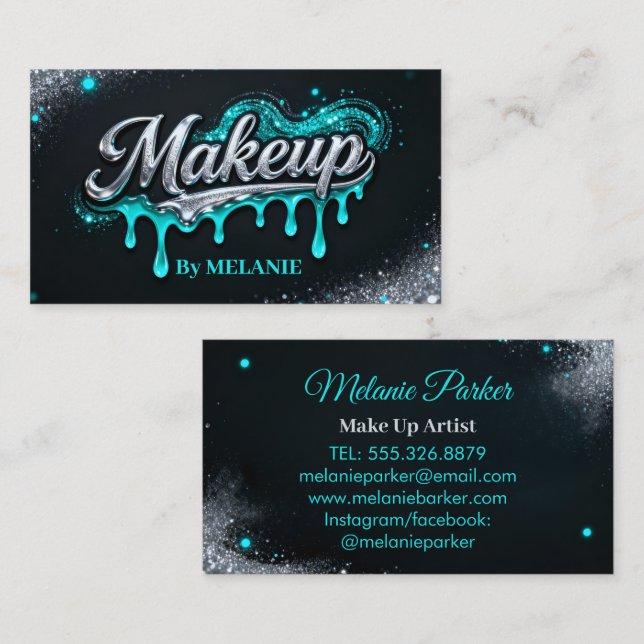 Makeup Artist Teal Silver Drips Trendy Glitter Visitenkarte (Vorne/Hinten)