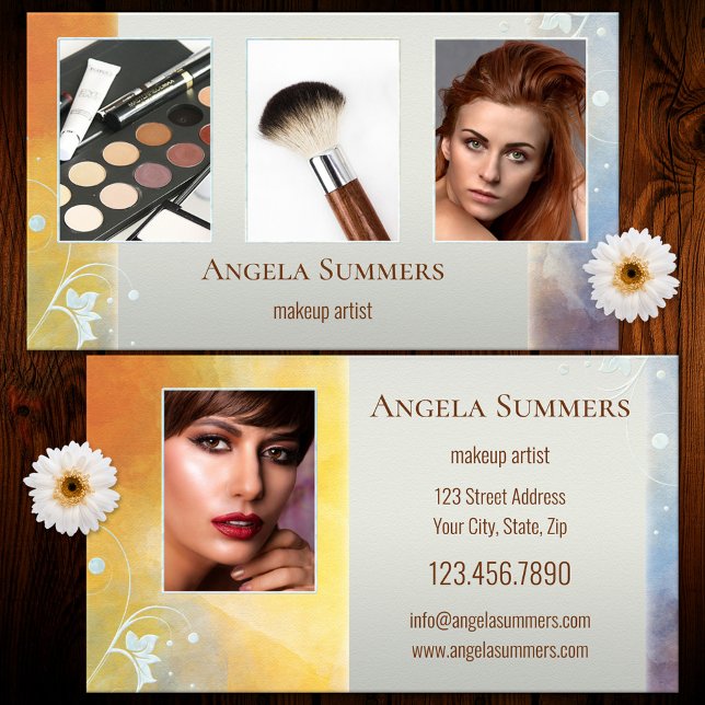 Makeup Artist Visitenkarte (Business card featuring a photo portfolio framed by an artistic design with floral swirls)