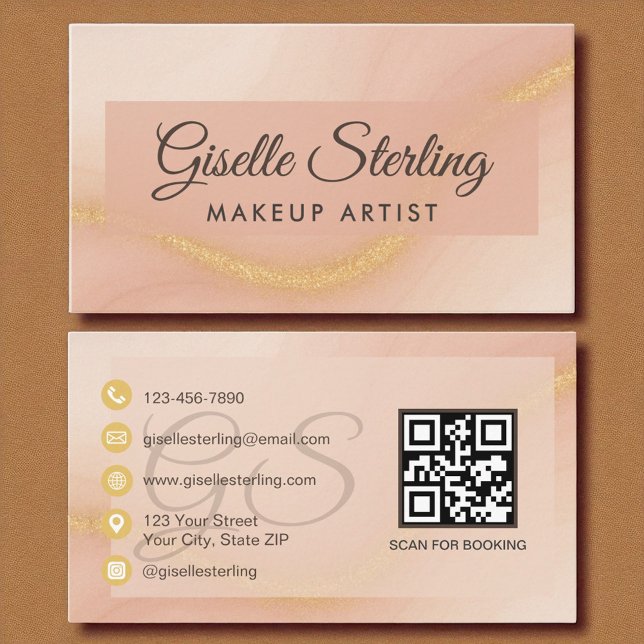 Makeup Artist Watercolor Gold Monogram QR Code Visitenkarte (Von Creator hochgeladen)