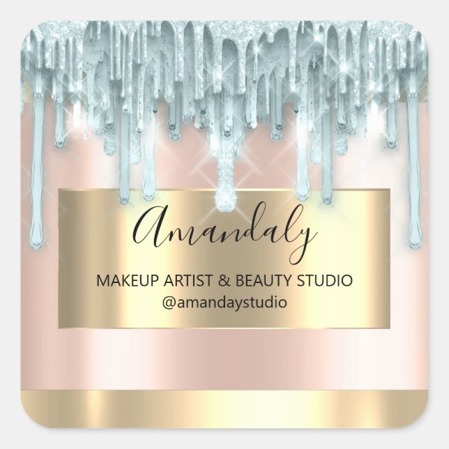 Makeup Beauty Glitzer Gold Gerahmte Boutique Blau Quadratischer Aufkleber (Vorderseite)