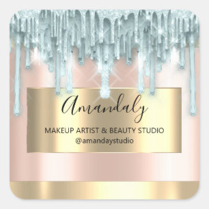 Makeup Beauty Glitzer Gold Gerahmte Boutique Blau Quadratischer Aufkleber