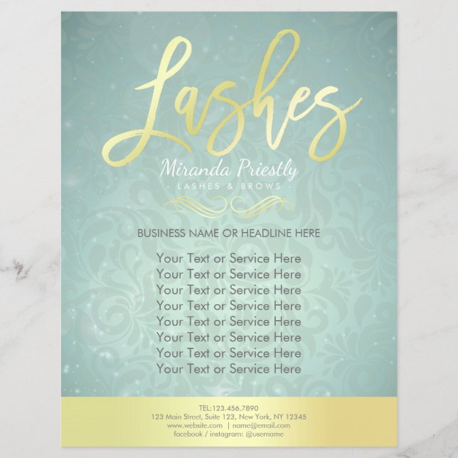 Makeup Beauty Salon Gold & Turquoise Damask Floral Flyer (Vorne)