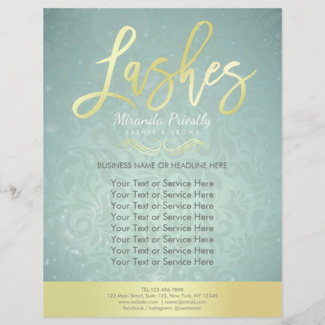 Makeup Beauty Salon Gold & Turquoise Damask Floral Flyer (Vorne)