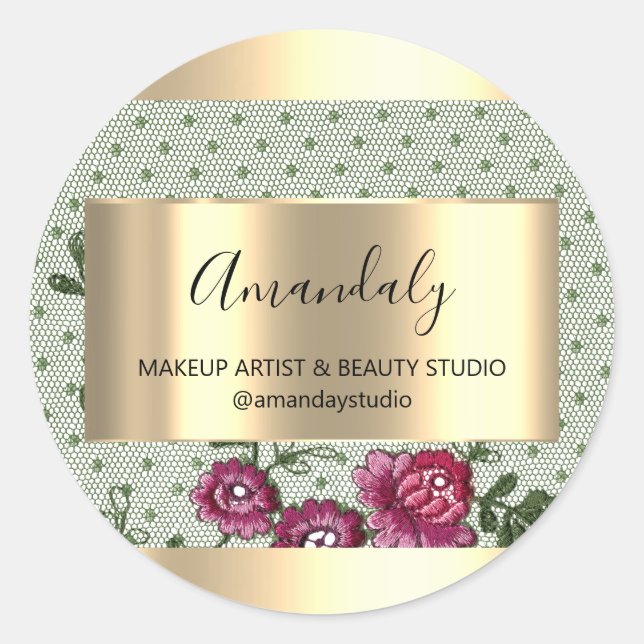 Makeup Beauty Shop Frame Gold Gefallen Rose Lace Runder Aufkleber (Vorderseite)