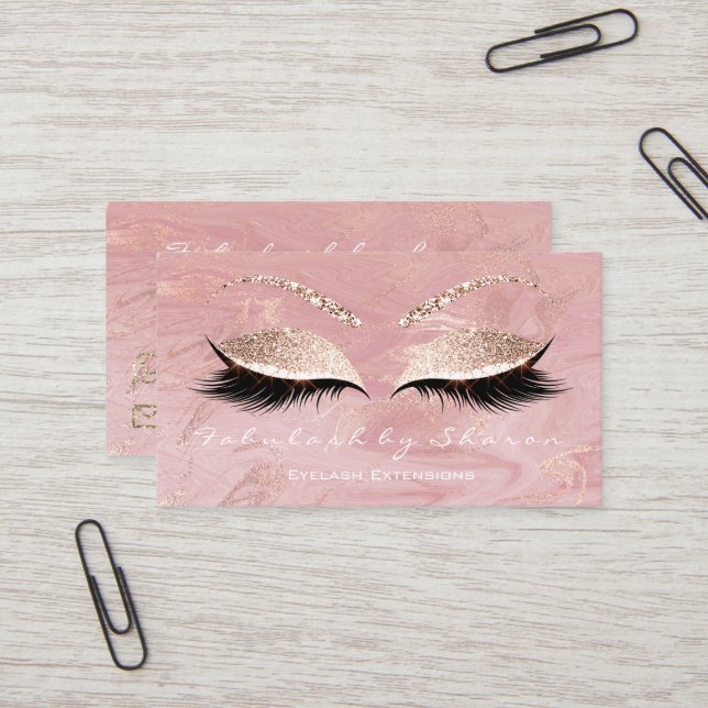 Makeup Eyebrow Lash Extension Glitzer Marmor Rosa Visitenkarte (Vorderseite/Rückseite Beispiel)