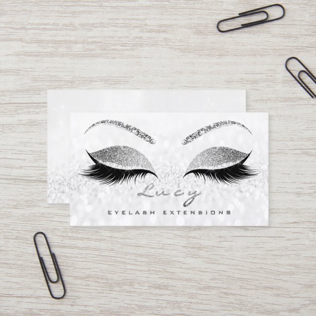 Makeup Eyebrow Name Lashes Glitzer Grau Silber Visitenkarte (Vorderseite/Rückseite Beispiel)