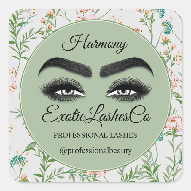 Makeup Eyelash Packaging Cleaner Floral MInt Green Quadratischer Aufkleber (Vorderseite)
