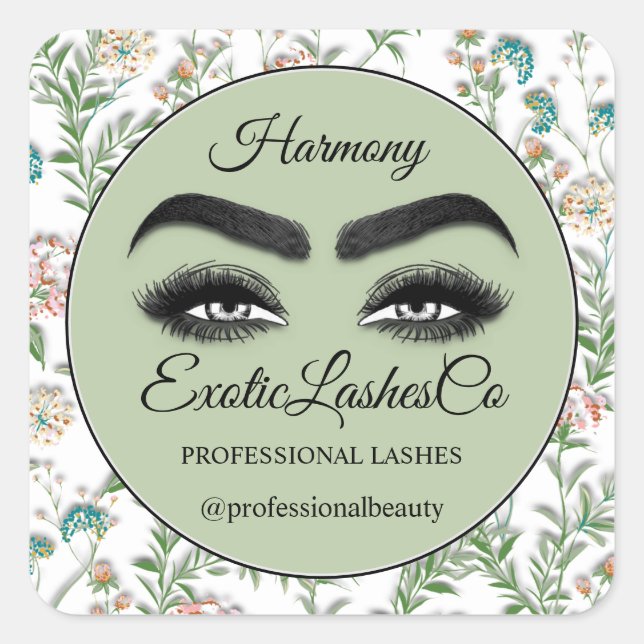 Makeup Eyelash Packaging Cleaner Floral Minze Grün Quadratischer Aufkleber (Vorderseite)