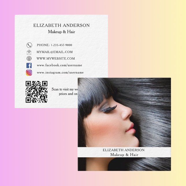Makeup Haar Foto QR Code Social Media Premium Quadratische Visitenkarte (Von Creator hochgeladen)