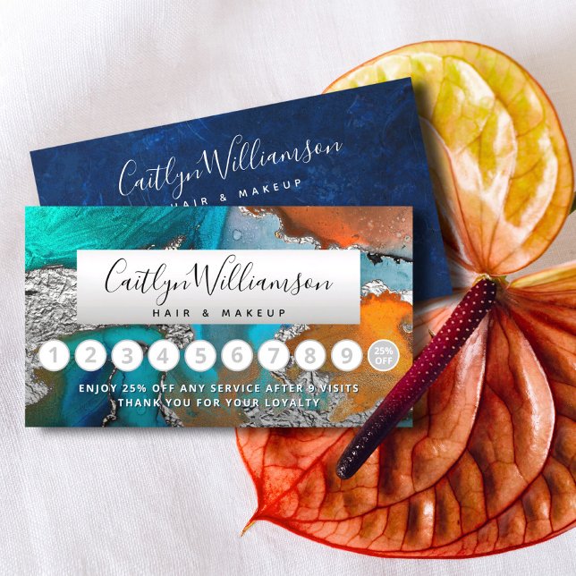 Makeup haar salon silber blauen Marmor Aquarell Treuekarte (Von Creator hochgeladen)