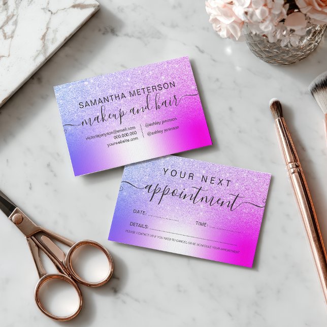 Makeup hair pink purple glitter metallic foil terminkarte (Makeup hair pink purple glitter metallic foil appointment card)