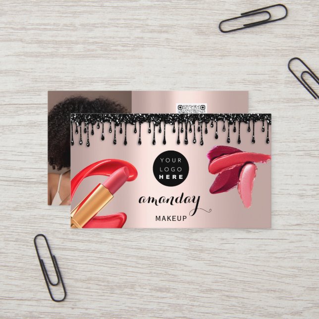 Makeup Hair Red Lipstick Silver Foto QRCode Gloss Visitenkarte (Vorderseite/Rückseite Beispiel)