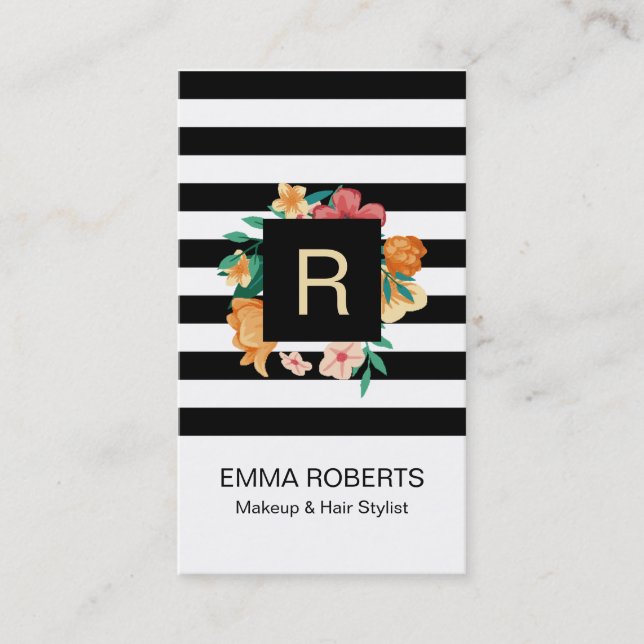 Makeup & Hair Stylist Moderne Blume & Streifen Visitenkarte (Vorderseite)