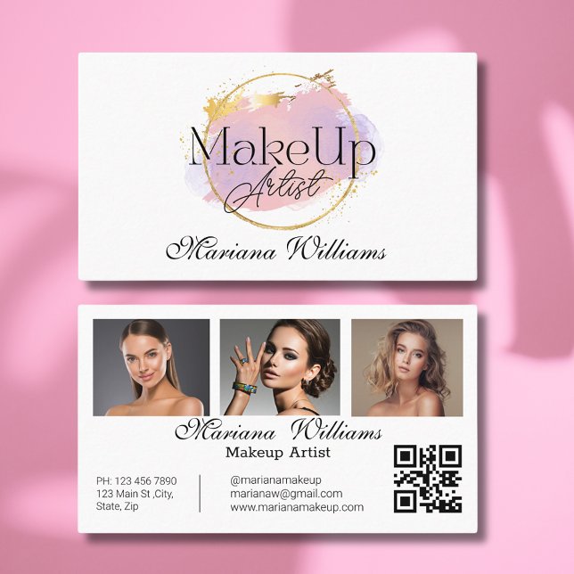 Makeup Künstler rosa goldfarbenes Logo, qr Code 3  Visitenkarte (Von Creator hochgeladen)