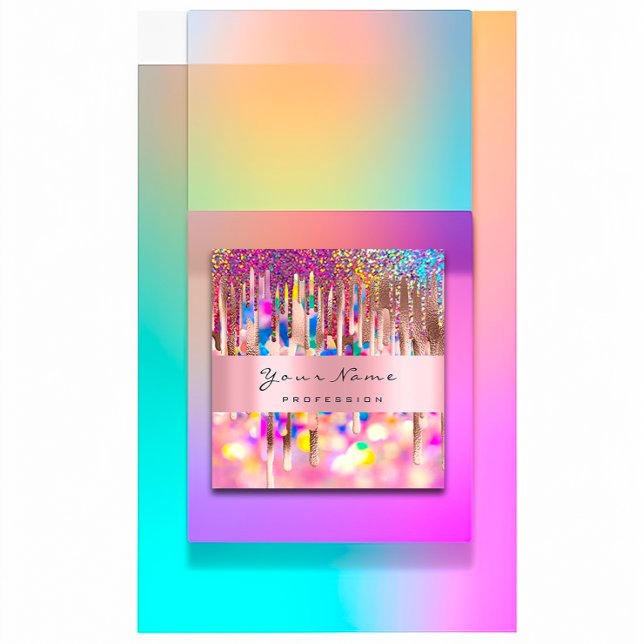Makeup Lashes Nails Pink Unicorn Holograph Tropfen Quadratische Visitenkarte (Makeup Lashes Nails Pink Unicorn Holograph Drips Square Business Card)