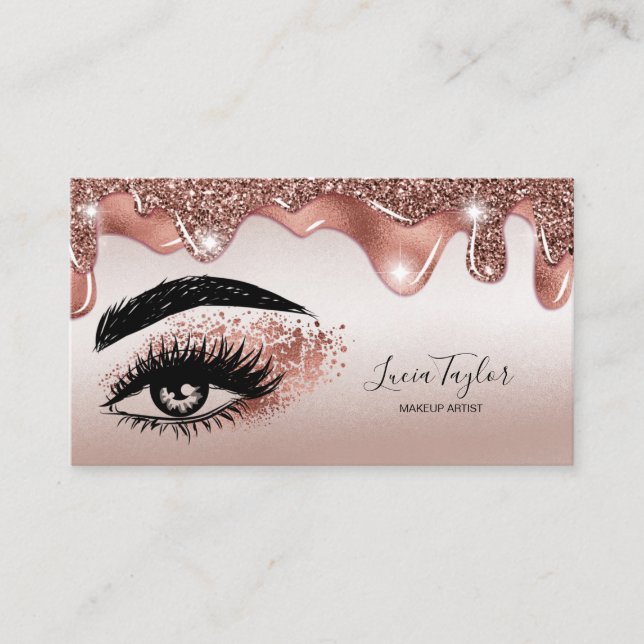 Makeup Lashes Rose Gold Glitzer Tropfen Visitenkarte (Vorderseite)