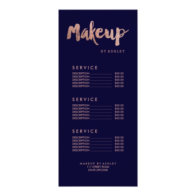 Makeup moderne Goldtypografie Marine blaue Preisli Werbekarte (Vorne)