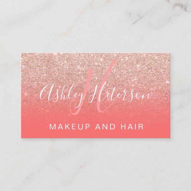 Makeup Monogramm Korallen Rose Gold Glitzer Skript Visitenkarte (Vorderseite)